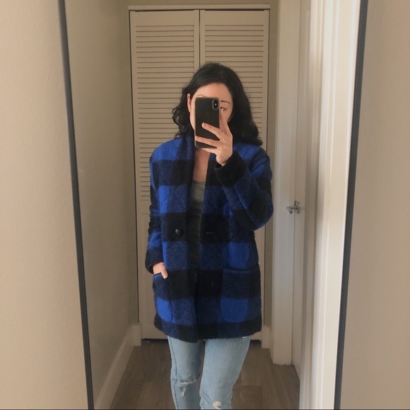 ARITZIA Wilfred Cecile WOOL Plaid Quilted Coat Black/Blue XS - Picture 1 of 11
